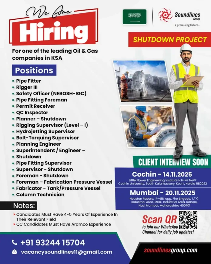 Soundlines Group Oil & Gas Jobs Recruitment for KSA Shutdown Project