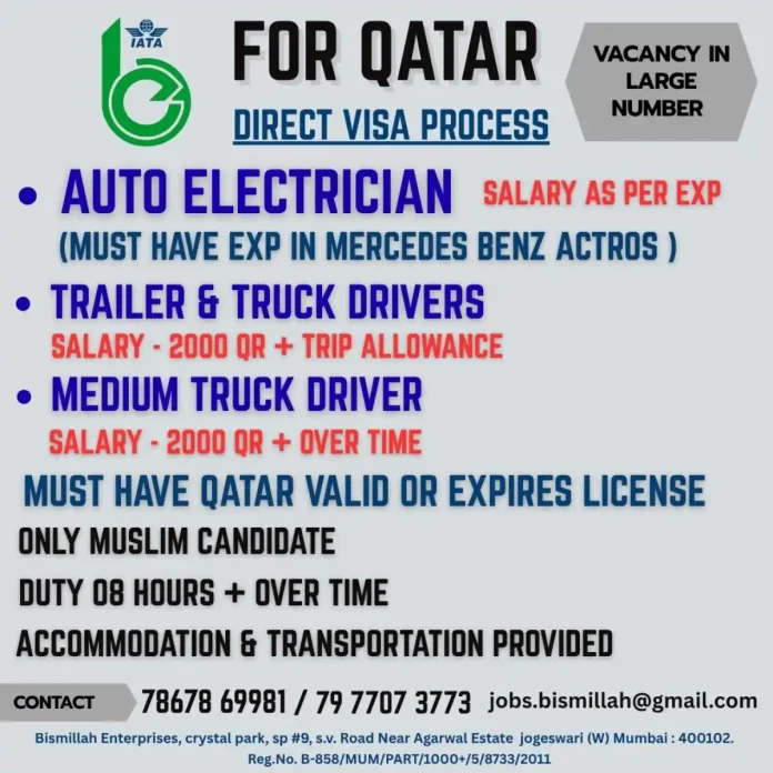 Job recruitment for auto electrician and truck drivers in Qatar