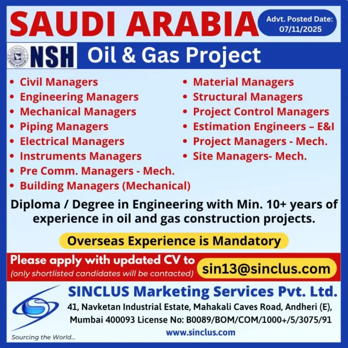 NSH Oil & Gas Project Recruitment for Managerial Positions in Saudi Arabia