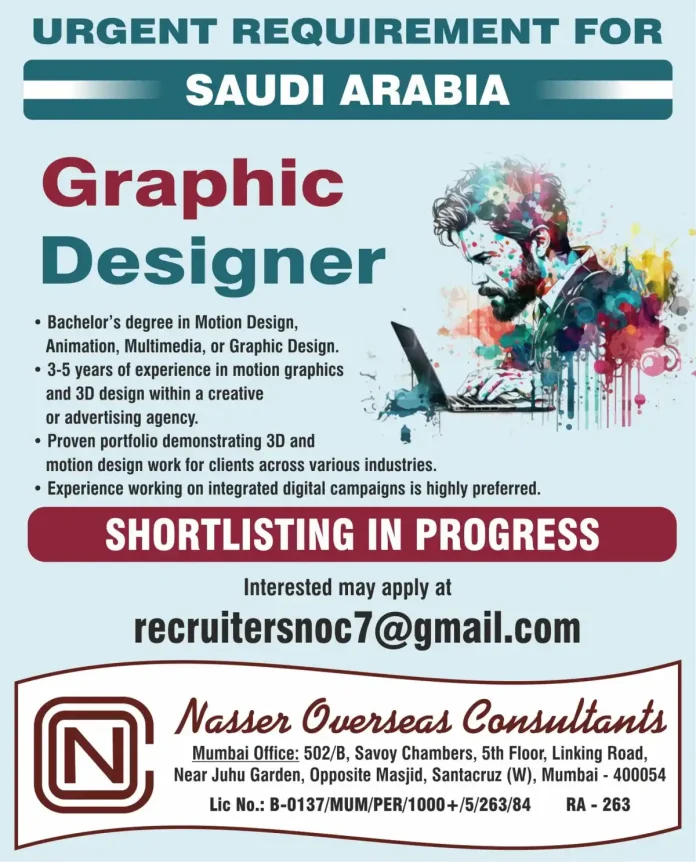 Graphic Designer Job Opportunity in Saudi Arabia with Nasser Overseas Consultants