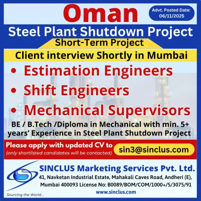 Steel Plant Shutdown Project Recruitment in Oman by SINCLUS