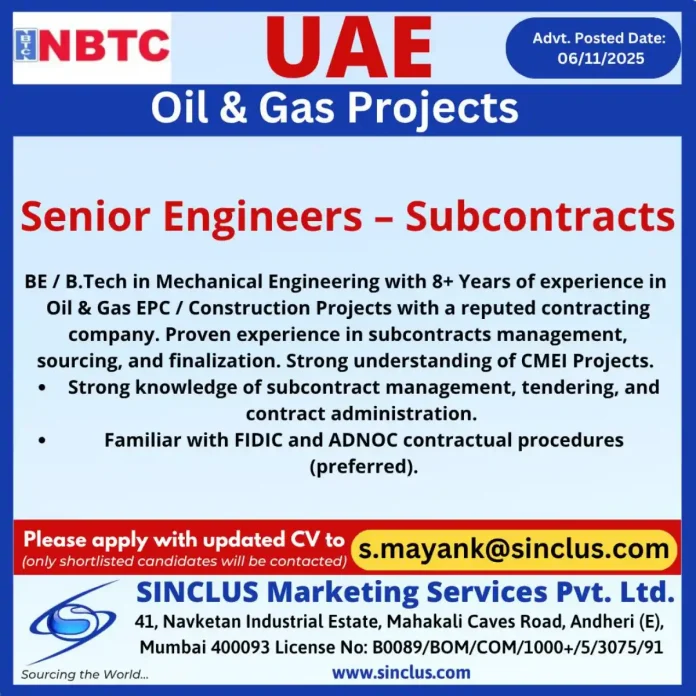 Senior Subcontracts Engineer Career Opportunity in UAE Oil & Gas Sector