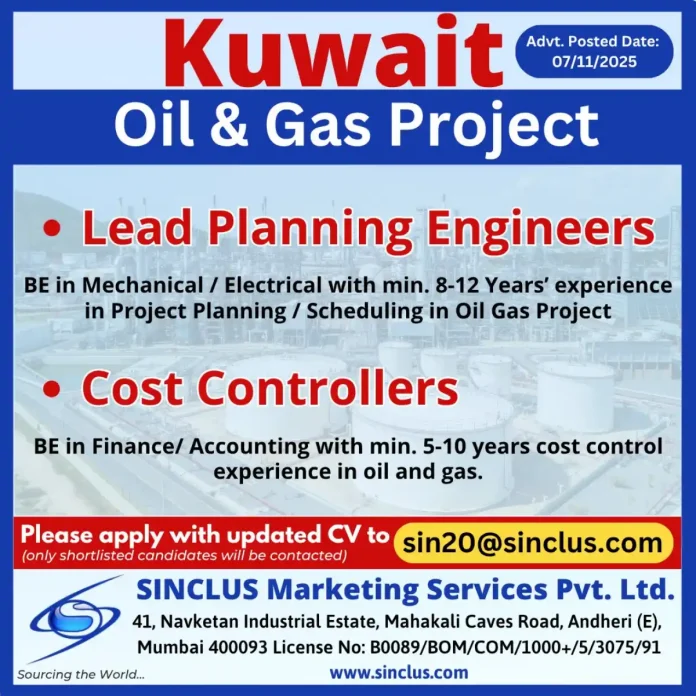 Career opportunities for Lead Planning Engineers and Cost Controllers in Kuwait Oil and Gas sector
