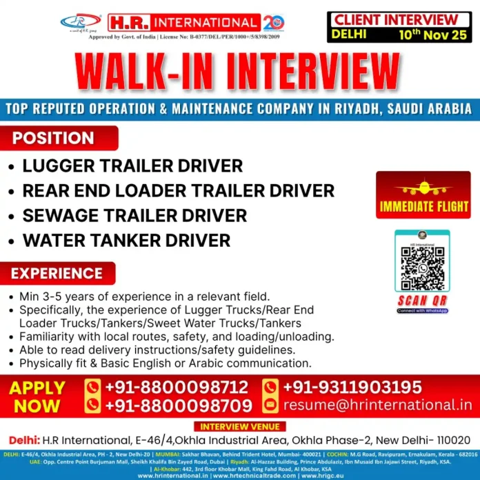 H.R. International Walk-in Interview for Driver Jobs in Saudi Arabia