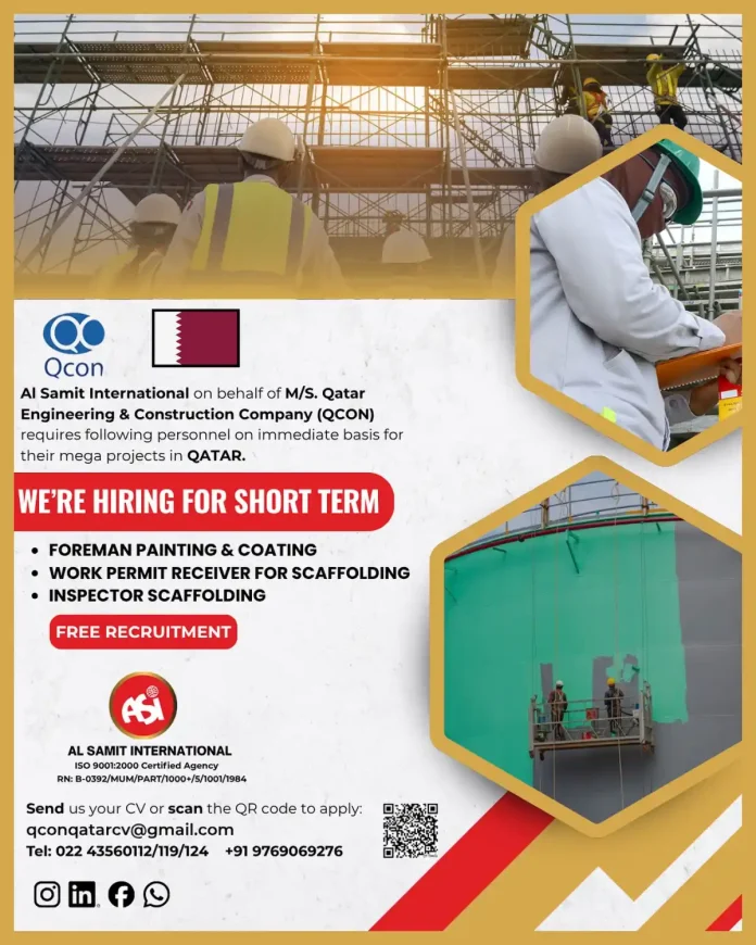 Construction job opportunities at QCON Qatar for painting, coating, and scaffolding roles