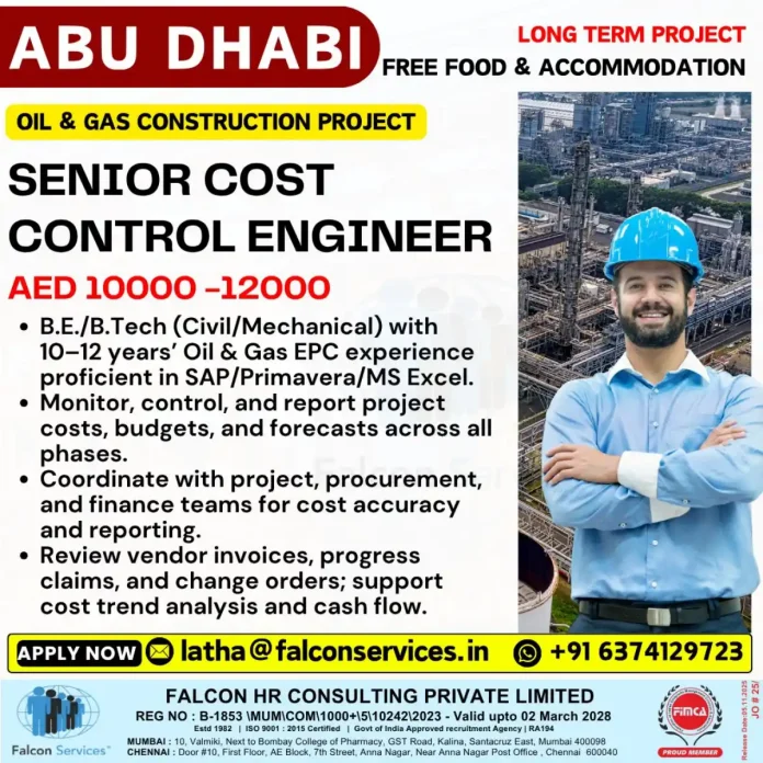 Senior Cost Control Engineer working on an Oil & Gas project in Abu Dhabi