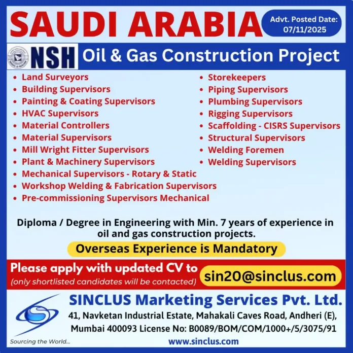 SINCLUS Recruitment for Oil and Gas Construction Jobs in Saudi Arabia