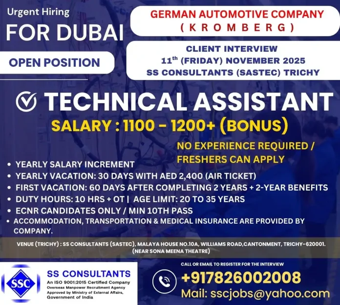 Technical Assistant Job Opportunity in Dubai