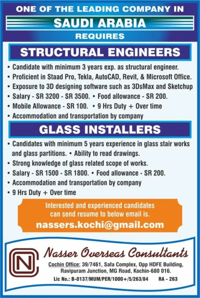 Structural Engineer and Glass Installer job opportunities in Saudi Arabia