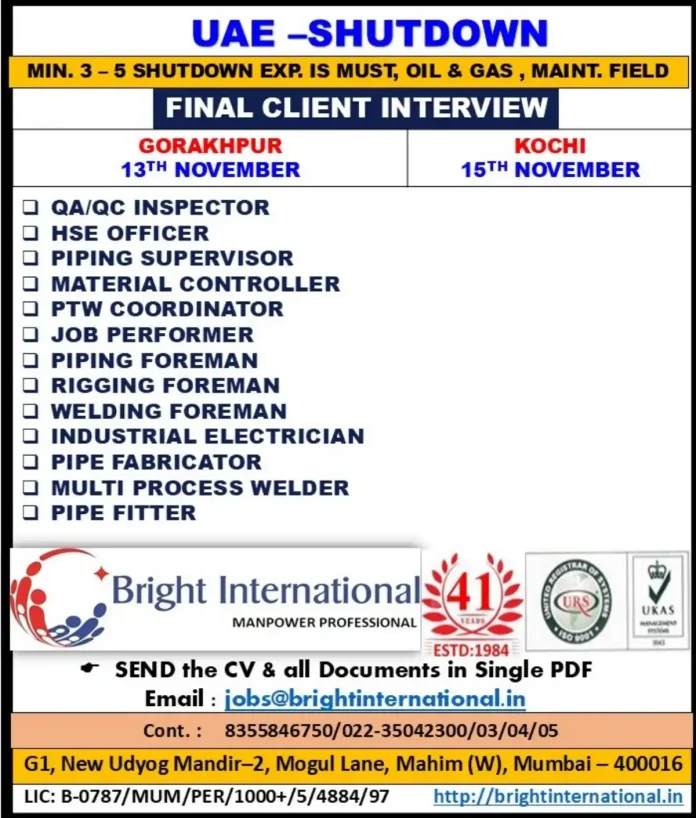 Bright International UAE Shutdown Jobs Recruitment