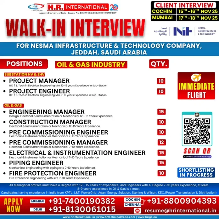 HR International Walk-in Interview for NESMA Infrastructure & Technology Jobs in Jeddah, Saudi Arabia