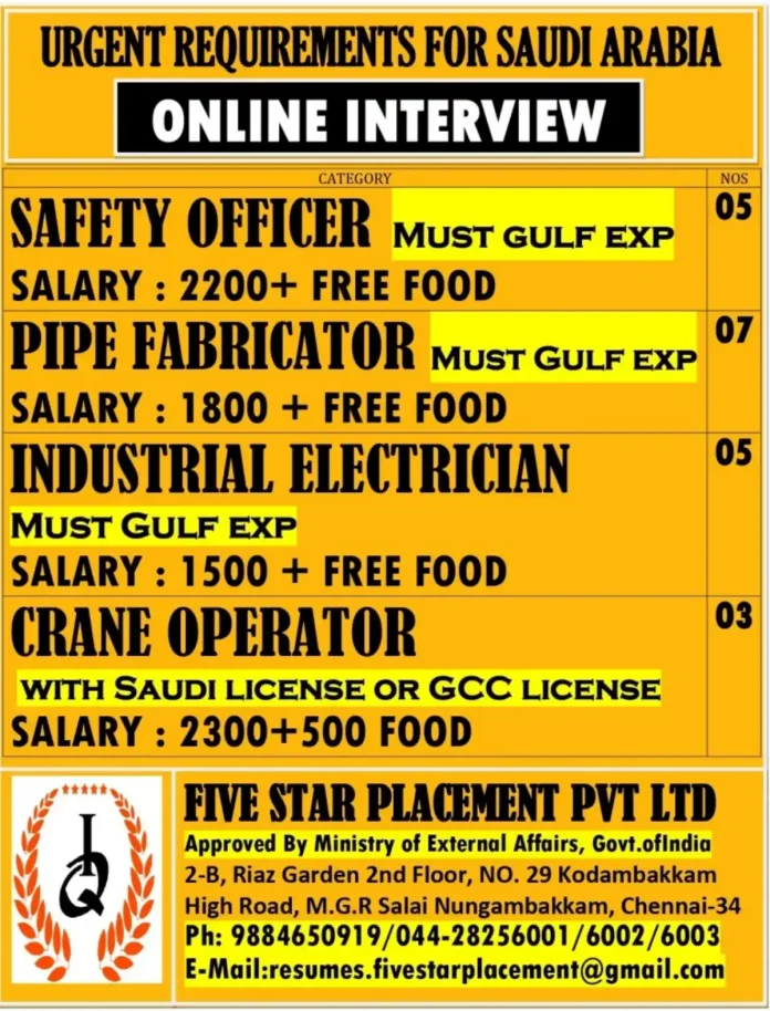 Urgent Jobs in Saudi Arabia with Online Interview - Five Star Placement