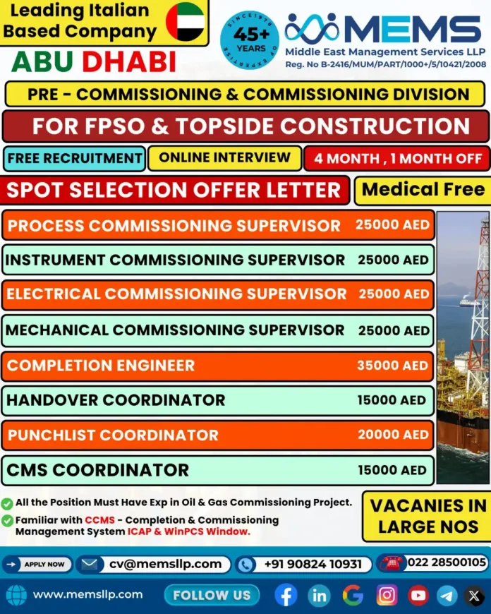 Commissioning Supervisor Jobs in Abu Dhabi with MEMS LLP for FPSO Projects