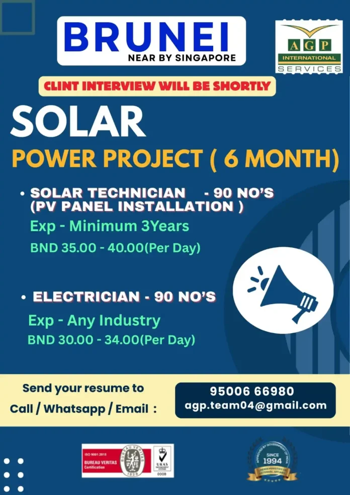 AGP International Brunei Solar Project Hiring Solar Technicians and Electricians