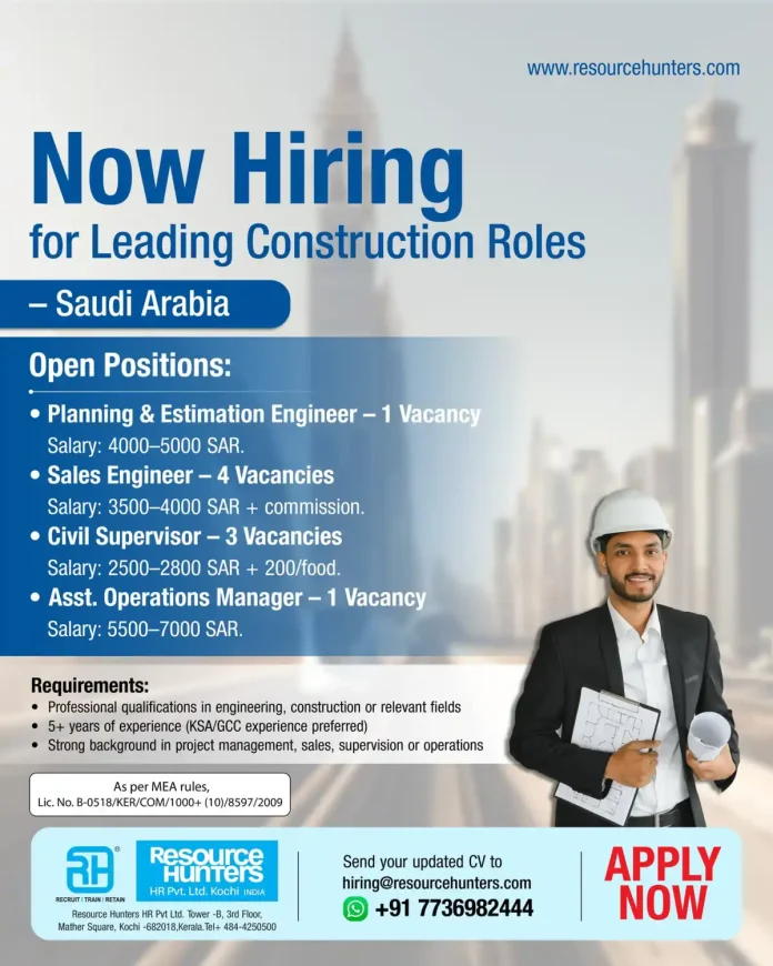 Construction professionals working on Saudi Arabia project site with Resource Hunters HR recruitment