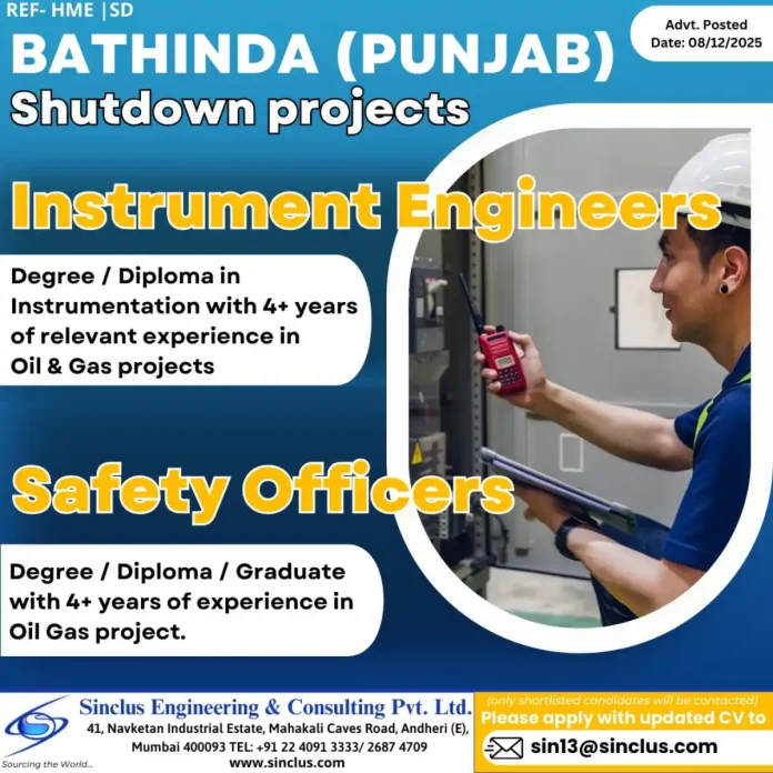 Sinclus Engineering Instrument Engineer Safety Officer Jobs Bathinda Punjab