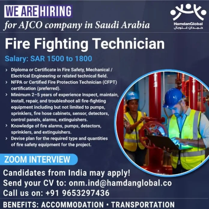 Fire Fighting Technician working on fire safety equipment in Saudi Arabia