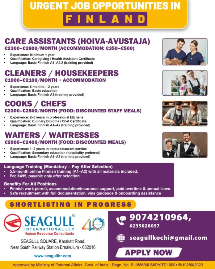 Urgent Job Opportunities in Finland for Care Assistants, Cleaners, Cooks and Waiters with Visa Sponsorship