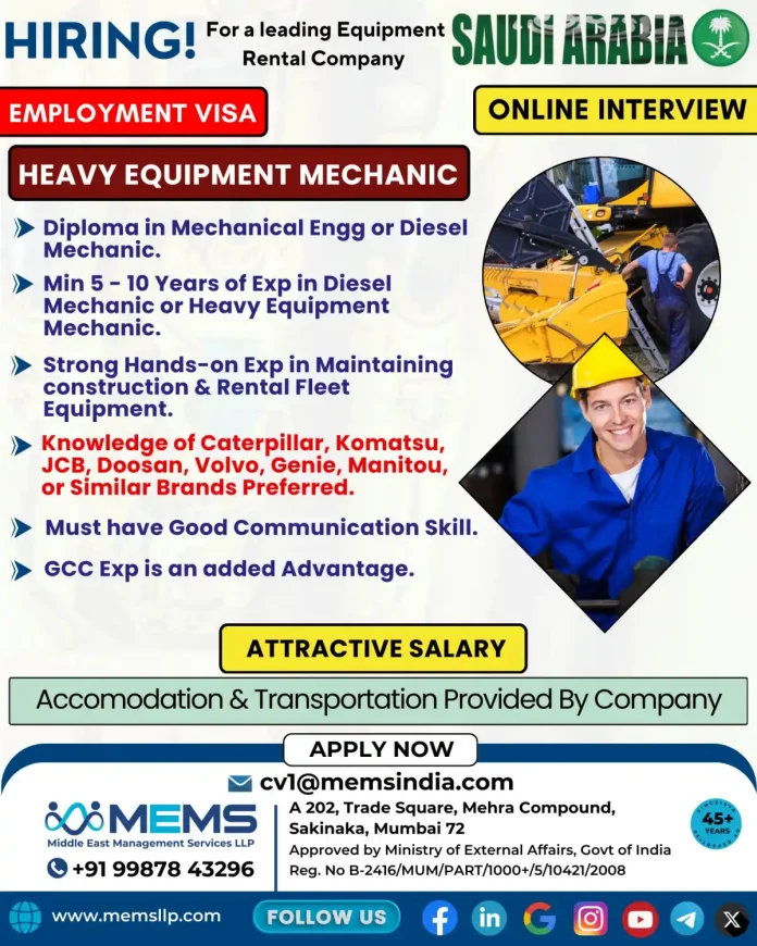 Heavy Equipment Mechanic working on construction machinery in Saudi Arabia