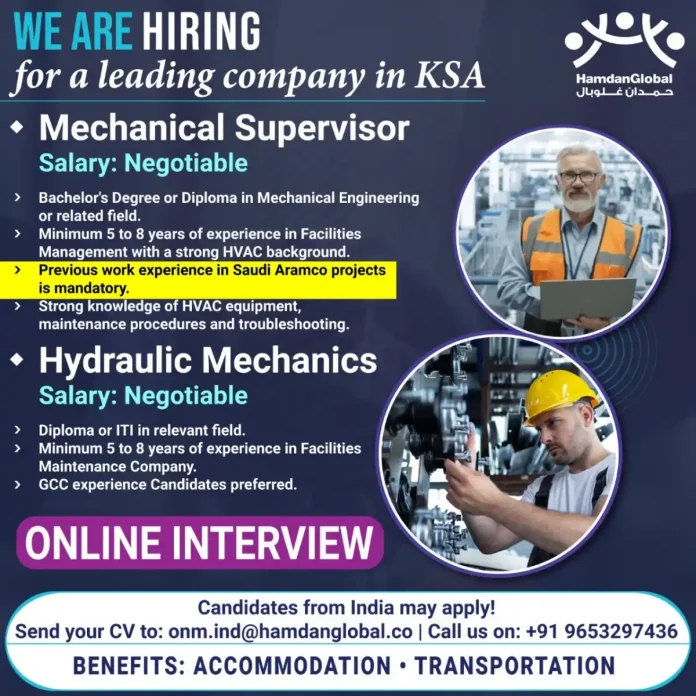 Mechanical Supervisor and Hydraulic Mechanics Job Opportunities in Saudi Arabia with HamdanGlobal Recruitment