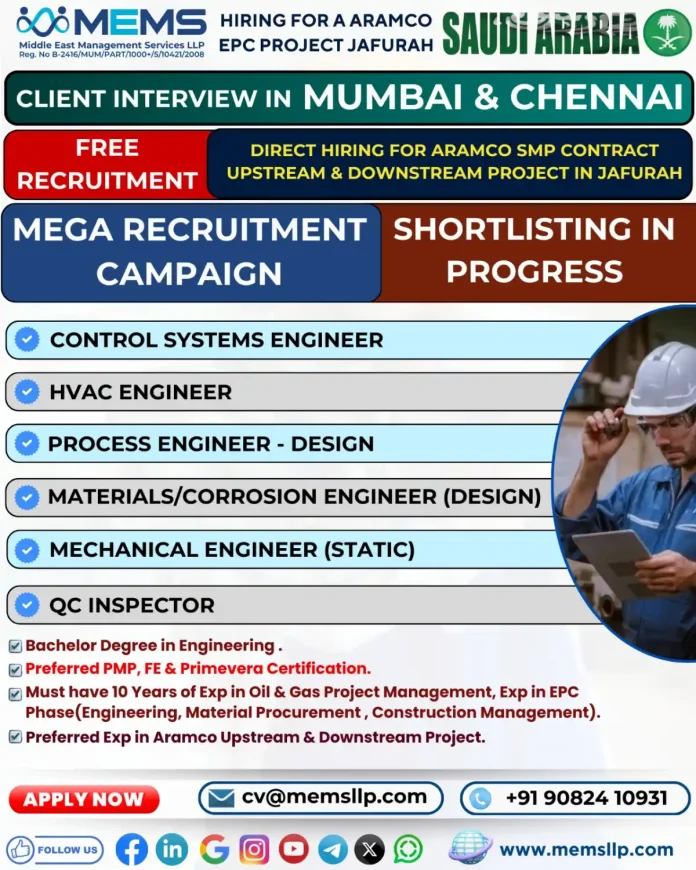 MEMS Aramco Jafurah Project Engineering Recruitment Opportunities