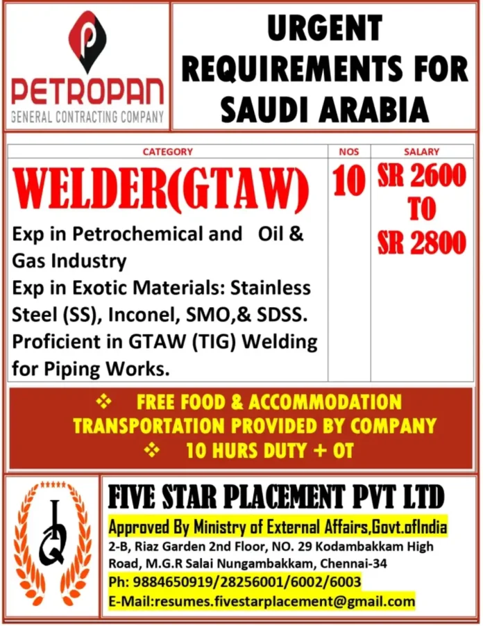 Welder GTAW Jobs in Saudi Arabia with Petropan General Contracting Company