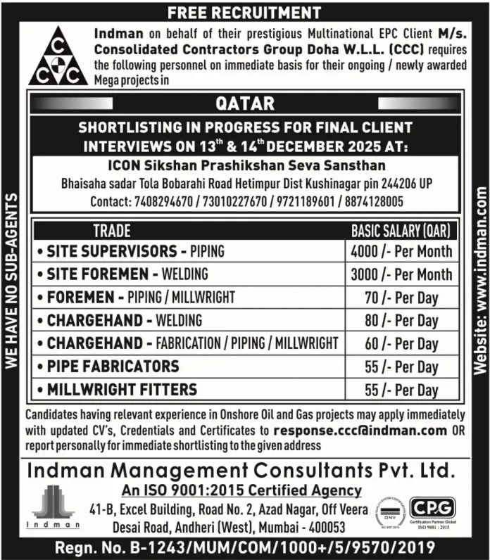 Urgent Job Hiring for CCC Mega Projects in Qatar - Indman Recruitment