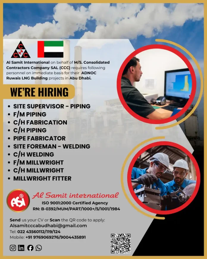 Urgent job vacancies for ADNOC Ruwais LNG Building projects in Abu Dhabi with CCC through Al Samit International