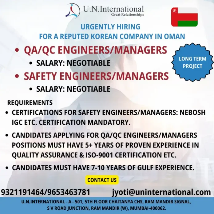 QA QC Safety Engineering Jobs in Oman with Korean Company Recruitment