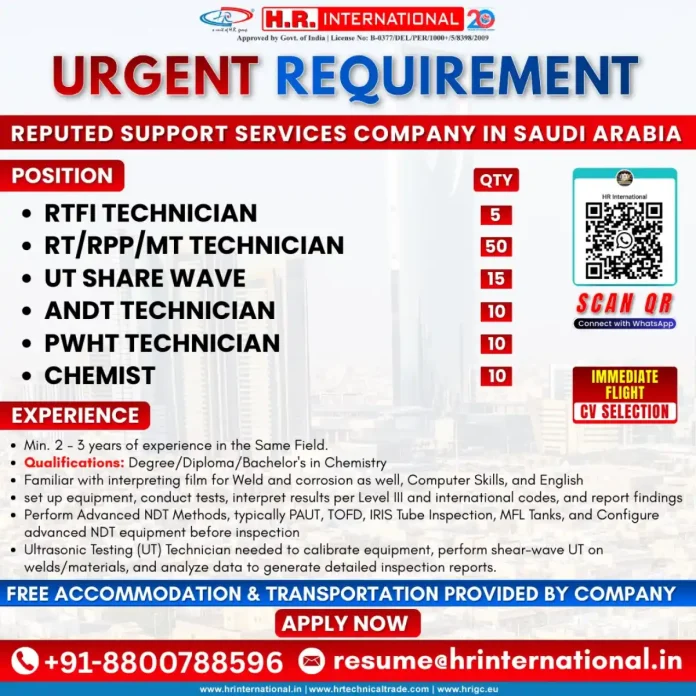 NDT Technicians and Chemists Jobs in Saudi Arabia - HR International Recruitment