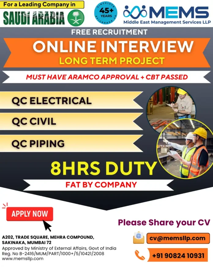 QC Engineers Recruitment for Saudi Arabia with ARAMCO Approval