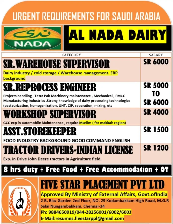 Al Nada Dairy Saudi Arabia Job Recruitment 2024