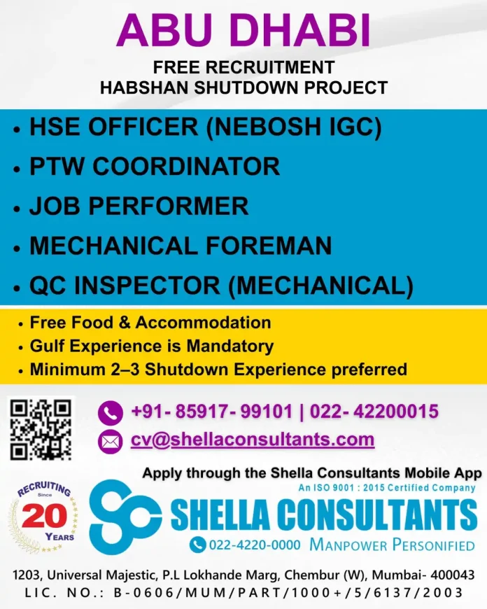 Shella Consultants Recruitment for Habshan Shutdown Project Jobs in Abu Dhabi