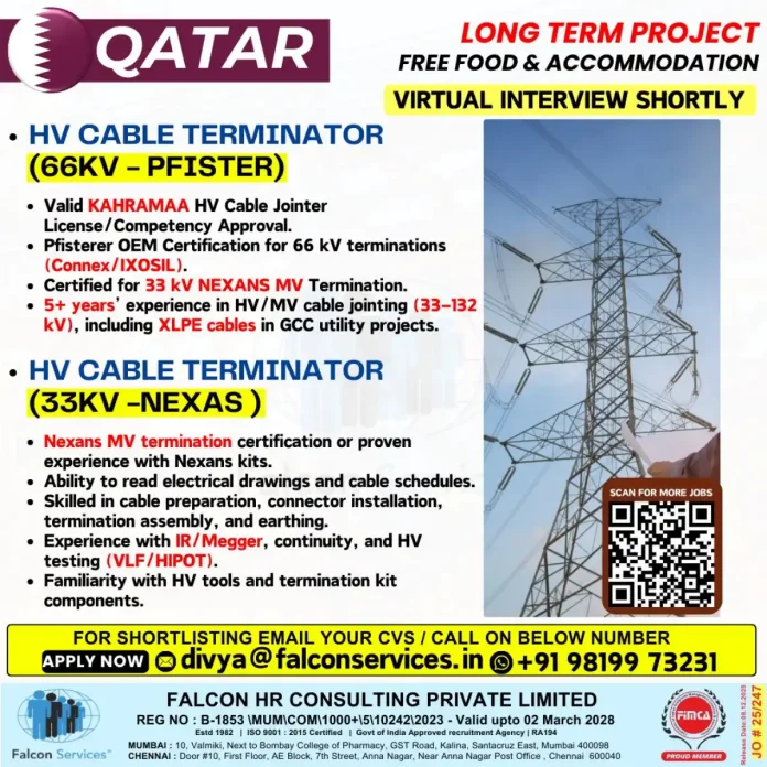 HV Cable Terminator Job Opening in Qatar with Falcon Services