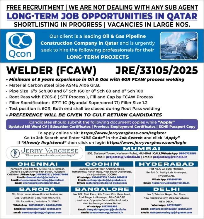 Welder performing FCAW welding on pipeline in oil and gas construction site in Qatar