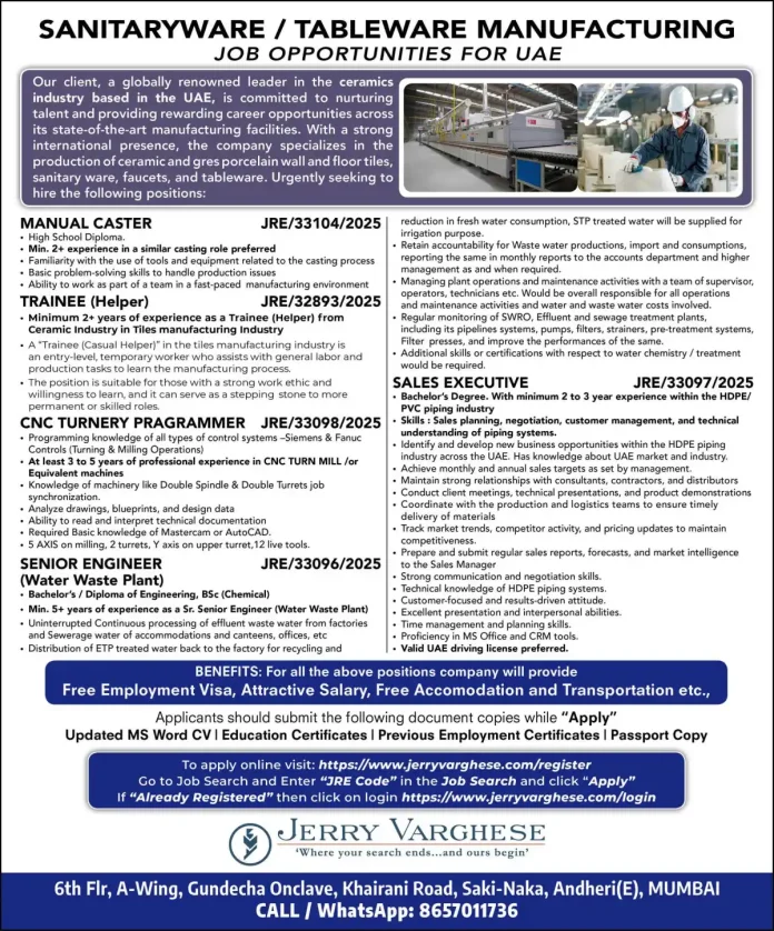 Ceramic manufacturing jobs in UAE - Manufacturing facility and product examples