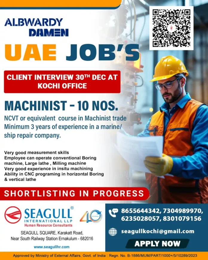 Machinist Job in UAE Recruitment for ALBWARDY DAMEN through Seagull International Kochi