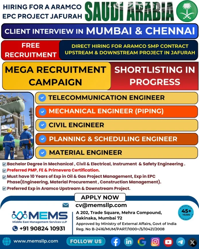 Direct Hiring for Aramco EPC Project Jafurah Saudi Arabia - Engineer Recruitment