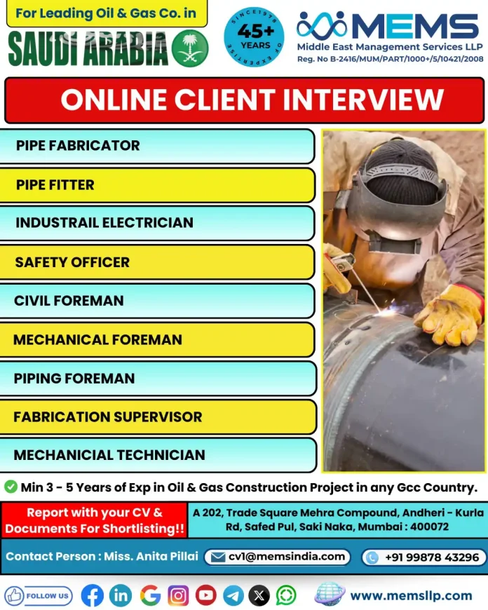 Oil and Gas Jobs in Saudi Arabia recruitment by Middle East Management Services