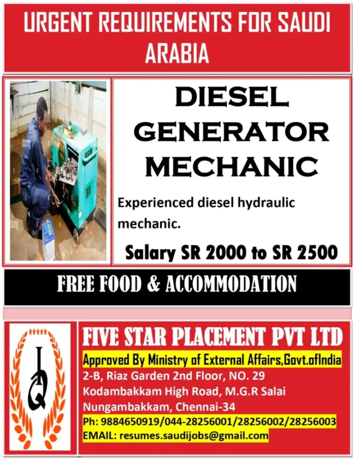 Diesel Generator Mechanic Job Opportunity in Saudi Arabia with Free Food and Accommodation