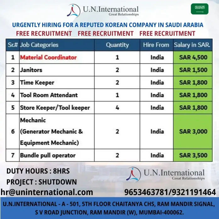 U.N. International recruitment for Korean company jobs in Saudi Arabia