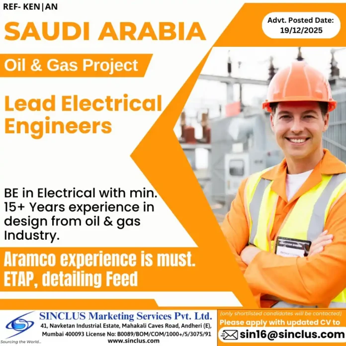 Lead Electrical Engineer for Oil and Gas Project in Saudi Arabia with SINCLUS Recruitment