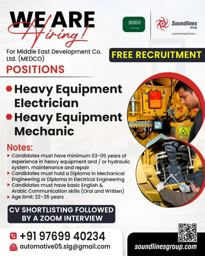Soundlines Group Recruitment for Heavy Equipment Electrician and Mechanic Jobs at MEDCO Middle East
