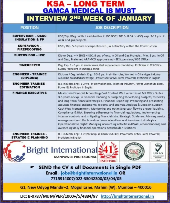 Bright International KSA Job Recruitment for Supervisors and Engineers