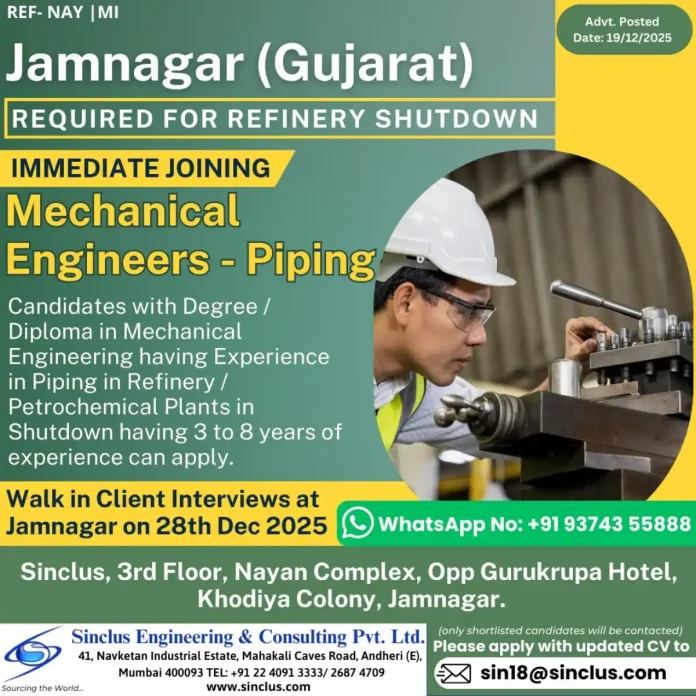 Piping Engineer Job Opportunity at Jamnagar Refinery Shutdown Project