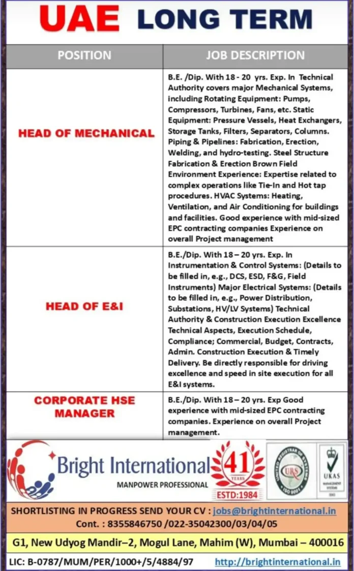 UAE Engineering Job Opportunities for Head of Mechanical E&I and HSE Manager