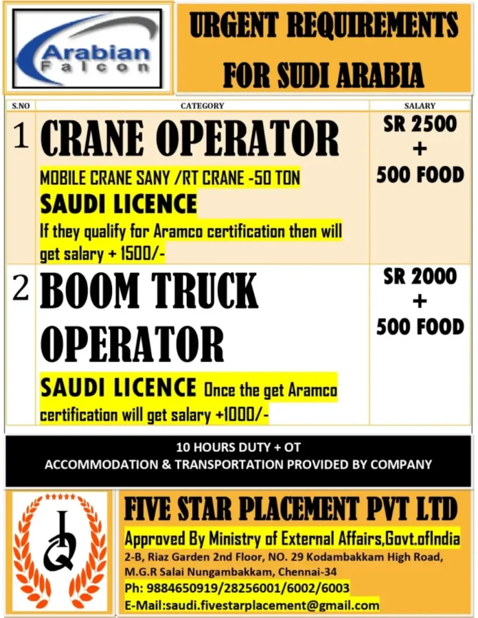 Crane Operator and Boom Truck Operator Job Opportunities for Saudi Arabia