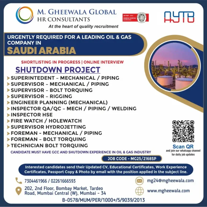 M Gheewala Global HR Consultants Recruitment for Saudi Arabia Oil & Gas Shutdown Project
