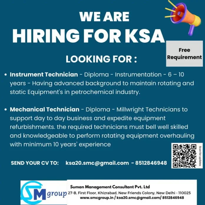 SMC Group Hiring Instrument Technician and Mechanical Technician for KSA Projects