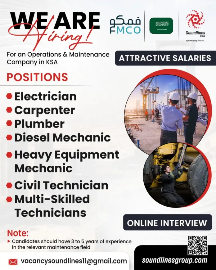 Soundlines Group is hiring Electricians, Carpenters, Plumbers and Mechanics for O&M jobs in Saudi Arabia KSA